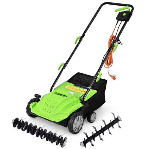 GOPLUS Scarificateur Électrique 2 en 1 avec 30LSac de Collecte, Aérateur de Pelouse avec Hauteur Réglable à 4 Niveaux, Poignée Pliable pour un Rangement Facile(Vert)