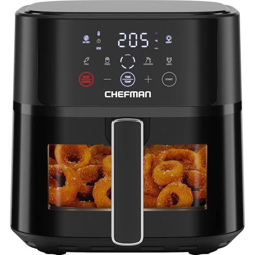 Chefman Air Fryer – 5.7L Compact Airfryer for Quick, Easy Meals, Features Hi-Fry Technology for Extra Crisp, Easy-View Window, Touch Controls with 4 Presets, Nonstick & Dishwasher Safe Basket – Black