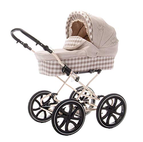 Friedrich Hugo baby's moving art Natureline Checked | 3 in 1 Kombi Kinderwagen Komplettset | Öko Nostalgie Kinderwagen | Farbe: Claudette Silver, PCS_NL-B1-DE-GC-R4