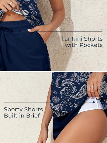 Image of Summer Mae Blouson Women's Tankini Swimsuits Tummy Control Modest 2026 Two Piece with Sporty Pockets Bathing Suits Navy Blue XX-Large
