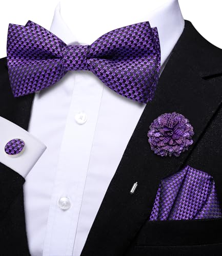 Image of Hi-Tie Bow Ties for Men Pre-Tied Pocket Square with Cufflinks Mens Bowtie Sets for Wedding Formal Party