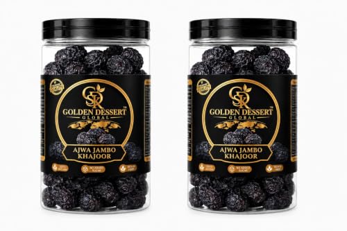 Image of Golden Dessert Global Ajwa Jumbo Khajoor Premium Dates | Natural Seeded Ajwa Dates | Rich in Nutrition | Fresh & Hygienically Packed Soft & Nutritious Arabian Dry Fruit | Healthy Snack for Fasting, Gifting & Daily Consumption (Pack of 2)
