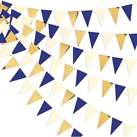 30Ft Navy Blue Gold and Beige Party Decorations Royal Blue Gold Triangle Flag Pennant Banner Bunting for Graduation Birthday Wedding Bridal Shower Nautical Ahoy Achor Theme Party Decorations Supplies Cover