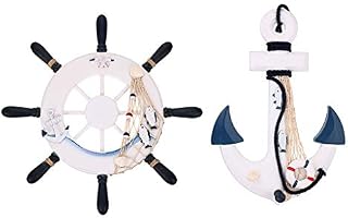Skelang Nautical Ship Wheel Ornament 33cm, Anchor Wall Hanging Decor, Wooden Mediterranean Wall Art, Indoor Outdoor Hanging Decor for Party, Bathroom Door, Pack of 2