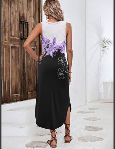 Image of Zeagoo Women Floral Summer Casual Beach Printed Tank Dress with Pockets Pleated Front Long Dress