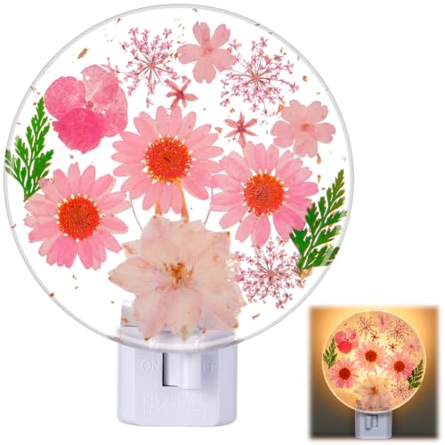 Image of Glooglitter Pressed Flower Night Light Plug in-Handmade Dried Floral Wall Night Light, Glow Decorative Nightlight for Hallway Bedroom Nursery Bathroom, Vintage Botanical(Pink, Flower)