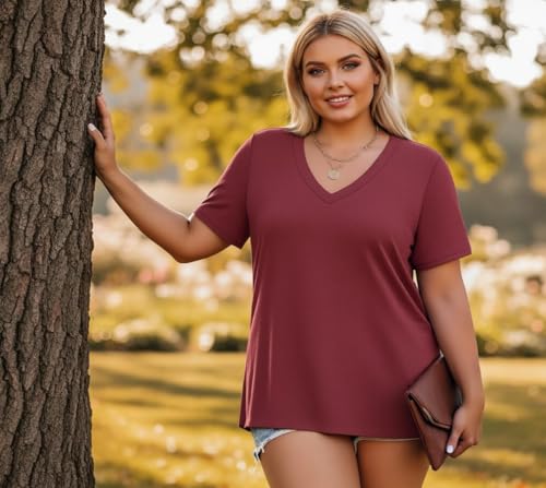 Image of ForHailey Women's Plus Size Short Sleeve Tee Shirt V Neck Basic Ladies Loose Fit T Shirt 1X-5X