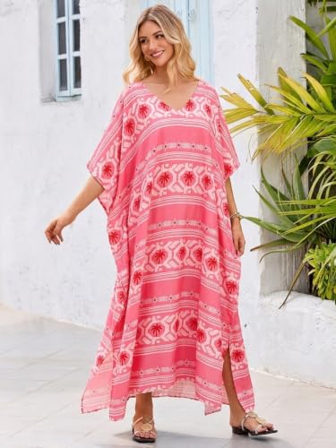 Image of Moss Rose Kaftan Dresses for Women V Neck Summer Swimsuit Cover up Caftan Maxi Beach Dresses