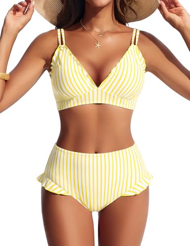 Hanna Nikole Women Swimming Suit Vintage Bathing Suit Adjustable Straps Padded Bikini Beachwear Yellow White Striped L