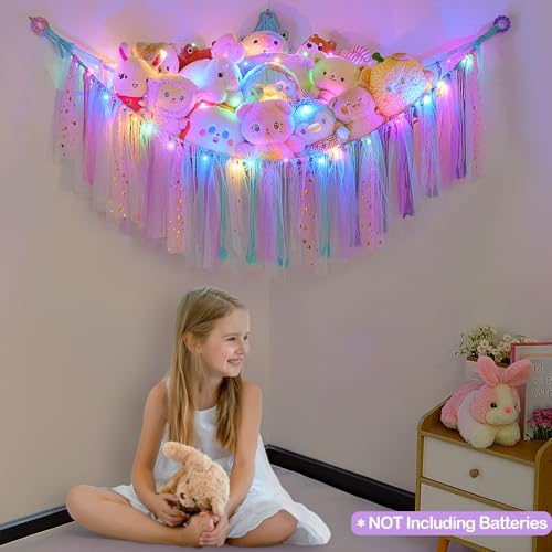 Image of FIOBEE Stuffed Animals Net LED Light Toy Hammock for Kids Bedroom Storage