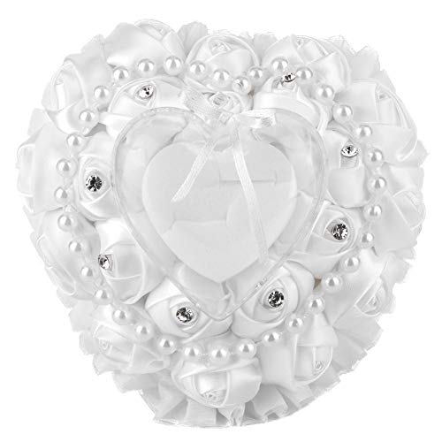 Wedding Ring Pillow, Heart-Shaped Ring Pillow Cushion Box with Ribbon Pearl Wedding Ceremony for Wedding Supplies Gift, 17x16cm