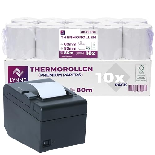 LYNNE - Rouleau Thermique 80x80x12 - Bobine 80x80 pour imprimante - Rouleau imprimante thermique 80mm x 80m x 12mm - Sans BPA - [10x]