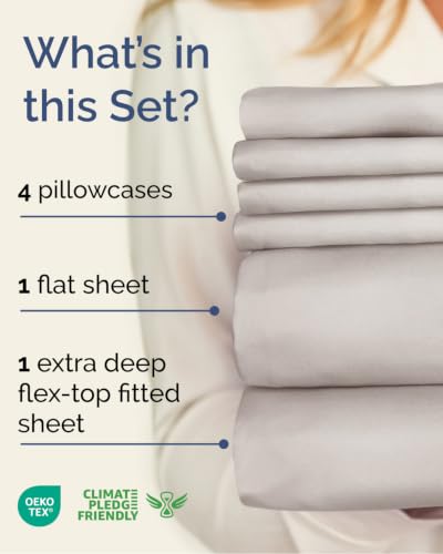 Image of Flex Top Split Head King 6 Piece Piece Sheet Set - Comfy Breathable & Cooling - Soft Hotel Luxury Bedding Set with 8-16 Inch Deep Pockets - 1 Flat & 1 Fitted Sheet & Pillowcases - Light Grey