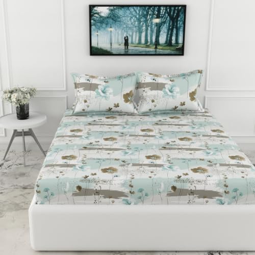 Image of LORETO - A QUALITY LINEN BRAND 210 TC 100% Pure Cotton King Size Fitted Bedsheet with 2 Pillow Covers for 78 x 72 Inch Mattress, All-Around Elastic, 8 Inch Deep Pocket, Light Green & Beige