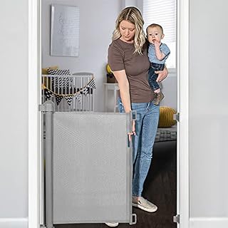 YOOFOR Retractable Gate for Babies, Extends to 140 cm, 83 cm Tall, Extra Wide Safety Baby Gate, One Handed Silent Operation. Mesh Safety Gate for Stairs/Doorways/Hallways/Outdoor, Grey