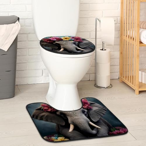 2 Pieces Flannel Toilet Contour Mat and Toilet Lid Cover, Soft Toilet Lid Cover Set Machine Washable Non Slip Contour Mat for Bathroom Decor Accessories