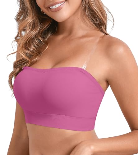 Image of DEANGELMON Strapless Bras for Women Wireless Push Up Non-Slip Bandeau Bra Seamless Clear Straps TubeTop Padded Bralette