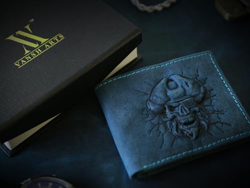 Wallet For Men- 3D Embossed Pirates Captian Skull Themed Design Bifold Vintage Distressed Genuine Leather Wallet With Two Cash Pockets And Six Card Slots (Blue)4