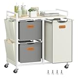 【SPACIEUX】Ce chariot à linge contient 2 paniers de 25 L et un panier de 50 L pour une capacité de 100 L de linge. L'étagère supérieure permet de ranger la lessive, les filets de lavage, etc. Les poches latérales offrent plus d'espace pour les petits objets