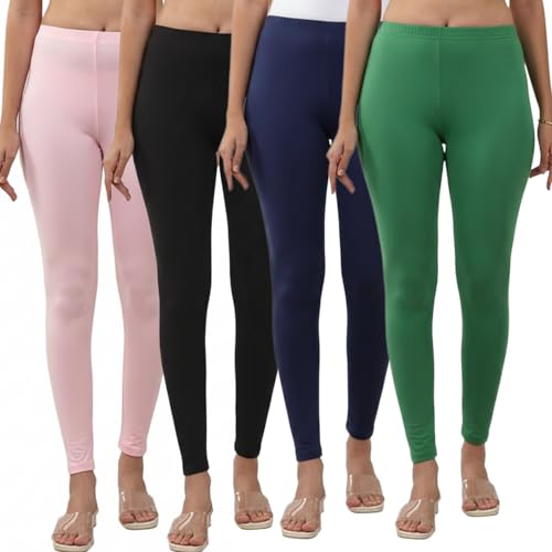 Image of Volex Women and Girls Full Length Leggings | Cotton Spandex /Elastane 4 Way Stretchable | Casual Slim fit Ultra Soft Leggings-Pack of 4