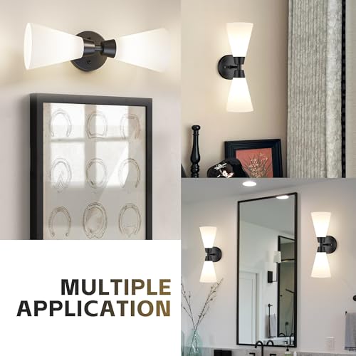 Image of Bathroom Sconces Set of 2, Matte Black Wall Sconces Set of Two, Bathroom Vanity Light with Milk Glass Shade, Modern Wall Light Fixtures for Bath Mirror Hallway Bedroom Living Room Kitchen, Hardwired