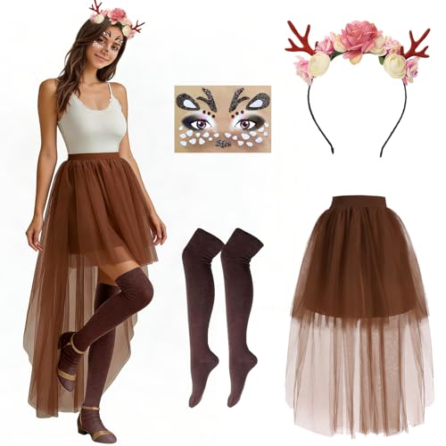 GOUYENG Deguisement Renne Femme,4 Pièces Serre Tete Renne Tutu Jupe,Deguisement Rennes de Noel Femme,Costume de Chevreuil pour Femmes,Serre Tete Noel,pour Halloween Noëls Carnaval Spectacle