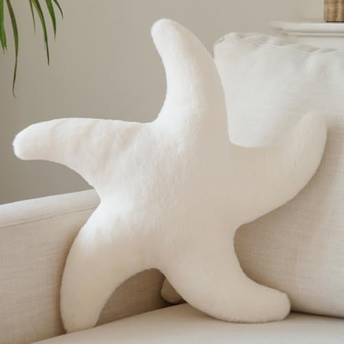 PLAYSKY Starfish Pillow Cute Decorative Pillows for Couch Bed Aesthetic Room Decor Accent Pillow Plush with Soft Faux Rabbit Fur for Bedroom Living Room (Ivory White 14.9 Inches)