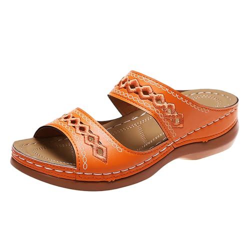 Orthopedic Sandals for Women Summer Dressy Flat Arch Support Walking Slippers Slip On Wide Width Slides Shoes Casual Vintage Sandals Breathable Outdoor Walking Sandal Boho Beach Shoes Orange