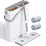 CTIME Wischmopp Set mit Eimer und Auswringer – freihändiger Flachwischer, 2 waschbare Mikrofaser-Pads, für Nass-Trockengebrauch in Wohnung, Wohnmobil, an Fenstern & Wänden(33CM)