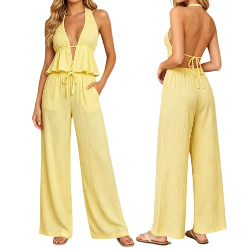 Traje de lino de mujer elegante conjunto de dos piezas con sofisticada espalda descubierta