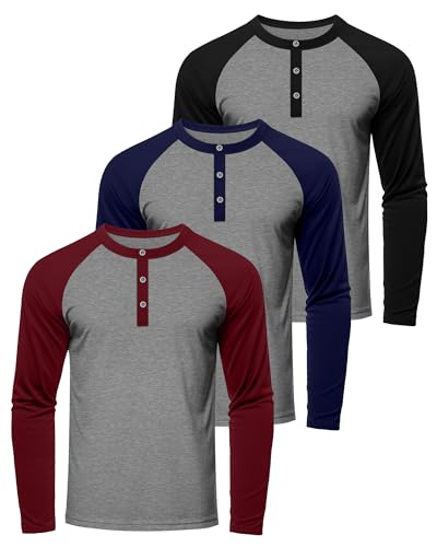 3 Pack Men's Long Sleeve Baseball Raglan T-Shirts S-3XL, Henley Tops Sport Athletic Jersey Tee Cotton Shirts2