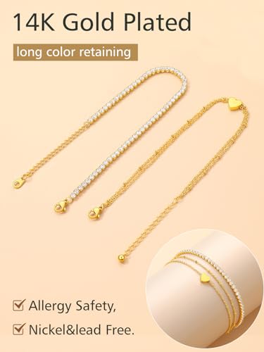 Image of FindChic Black /Silver /Gold Plated Anklets Set of 2PCS /3PCS Herringbone Chain Cuban Link Heart Charm Sparkling Tennis Ankle Bracelets, Waterproof Summer Foot Jewelry for Beach