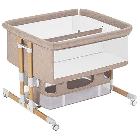 HARPPA 3 in 1 Baby Bassinet Bedside Sleeper, Five-Position Adjustable Bedside Crib with Storage for Newborns, Portable Bassinet with Anchor Strap (Wood Grain-Twins, Khaki) Cover