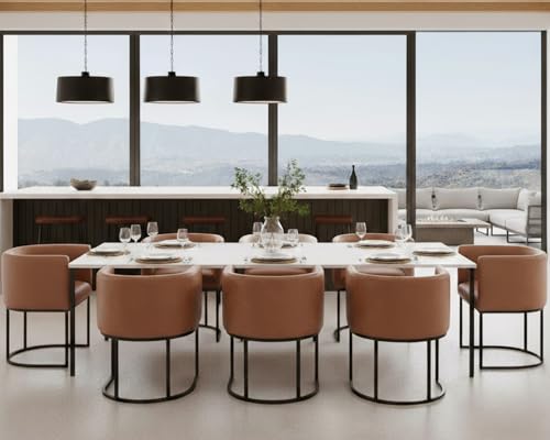 Image of HNY Mid Century Modern Upholstered Barrel Dining Chairs with Arms Set of 8, Leather Kitchen & Dining Room Chairs, 18.5 inch Wide Accent Chairs for Dining Room Living Room with Black Metal Frame, Brown
