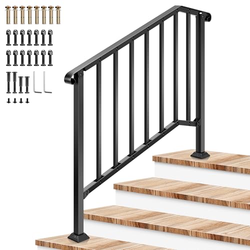 VIVOSUN Outdoor Handrail, 4 Step Stair Handrail, 54" x 36" Fits 1 to 4 Steps, Wrought Mattle Iron Stair Railing with Curved Ends and Balusters for Concrete Steps, Porch Steps, One-Step Assembly, Black