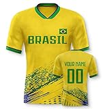 Yolovi Brasilien Personalisiertes Fussball Trikot 3D Druck Football Shirt mit Ihrem Namen und Nummer Hip Hop Football Jersey für Herren Damen Kinder, Small-6X-Large
