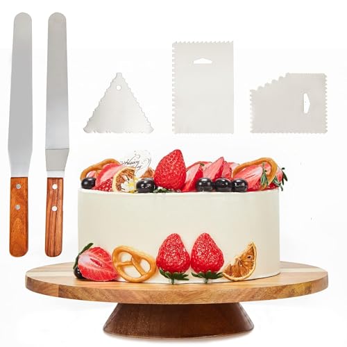 12' Acacia Wood Revolving Cake Stand,Wooden Rotating Display Stand for Cake