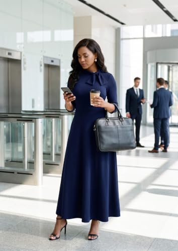 Image of FANDEE Maxi Long Dress Women, Church A Line Bow Tie Neck Casual Dresses | 3 /4 sleeve with pockets, tea party elegant wedding guest semi formal bridesmaid dress, m-3xl, machine wash