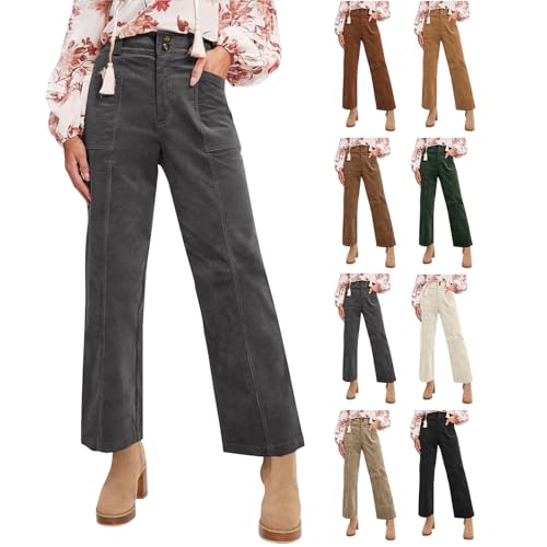 Womens Corduroy Pants Trendy Straight Leg High Waisted Work Pants Trousers Ladies Elastic Waist Pants with Pockets
