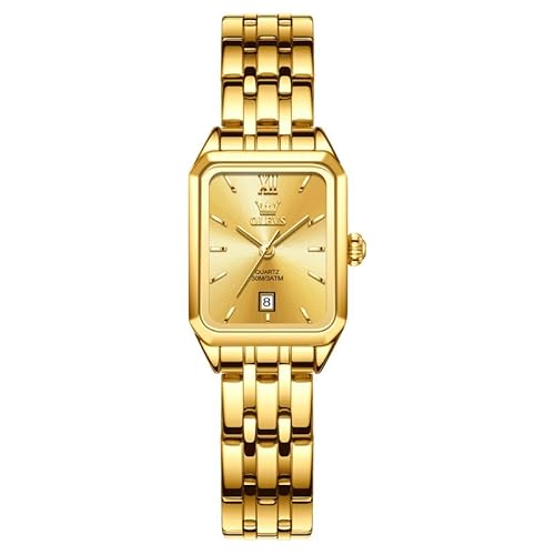 OLEVS Gold Damenuhr Rechteckig Wählscheibe mit Datumsanzeige Luxus Damen Armbanduhr Gold Edelstahl Kleines Handgelenk Quarz Uhr Einfachheit Stilvolle Wasserdicht Leuchtend Uhren Damen