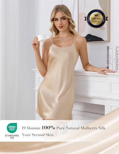 Image of THXSILK Women's Silk Nightgown, 100% Real 19 Momme Mulberry Silk Sleepwear Round Neck Spaghetti Strap Chemise Nightdress