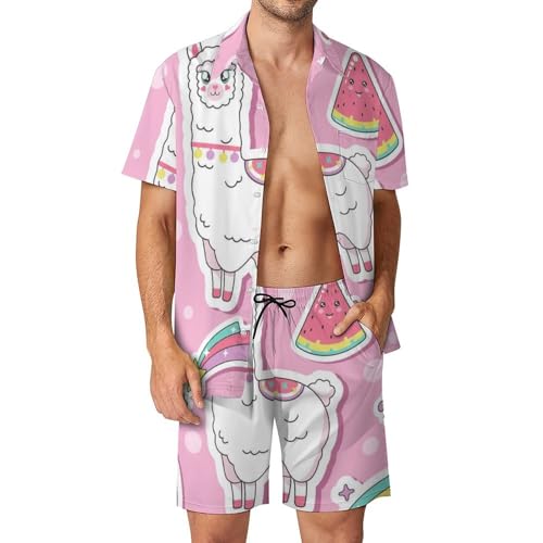Chemise Hawaïenne Hommes Imprimé Arc-en-Ciel Ensemble 2 Pièces Short Pantalon Plage S