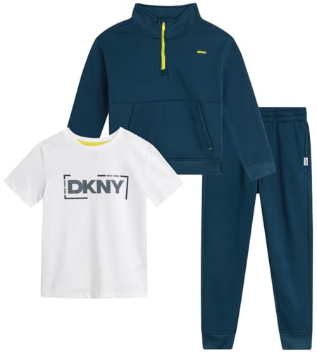 DKNY Toddler Boys' Sweatsuit Set - 3 Piece Short Sleeve Graphic Tee, Quarter-Zip Sweatshirt, and Jogger Sweatpants (2T-7), Size 2T, Teal Blue