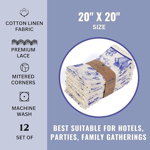 Fingercraft 12 Dinner Cloth Napkins Cotton Blend Blue Bird Print Premium Quality Mitered Corners With Elegant Natural Lace For Every Day Use Napkins Are Pre Shrunk And Good Absorbency Toile Lace thumb #5