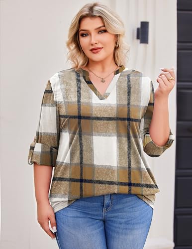 IN'VOLAND Womens Plus Size Long Sleeve Tops V Neck Plaid Roll Up Shirts Basic Casual Work Blouses3