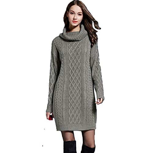 HZQIFEI Damen Strickkleider Langarm Rollkragen PulloverKleid Pullikleid Einfarbig Minikleid Casual Lose Wickelkleid Winter Pulli Sweater Kleid (Grau, 4XL) Cover