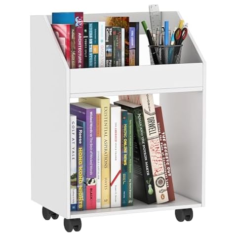 HAYOFAMY 2-Tier Mobile Bookshelf, White Bookcase with Wheels, Rolling File Holder Desk File Book Organizer for Home Office Living Room School Cover