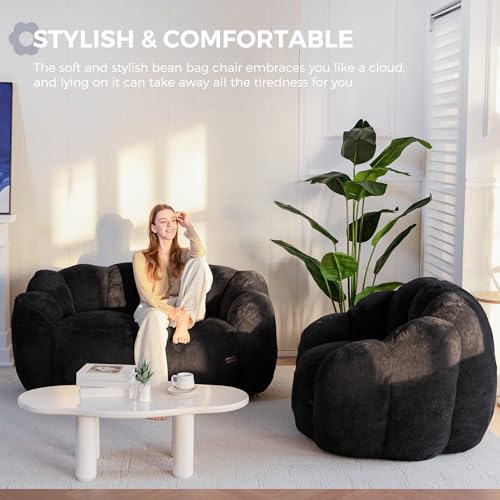 Image of MAXYOYO Bean Bag Chair for Adults, Floral Shaped Bean Bag Sofa, Ultra Soft Faux Fur Floor Sofa, Large Reading Chair for Living Room Bedroom, Black, Single