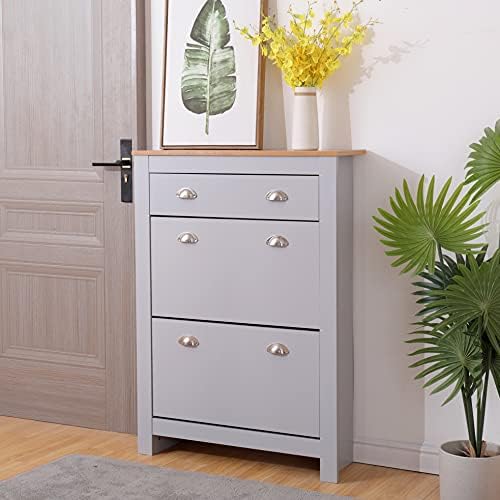 ALPHA Wooden Shoes Cabinets with 1 Drawer and 2 Doors Slim Shoes Storage Unit Hallway Cabinet Footware Shoes Racks Grey and Oak Color