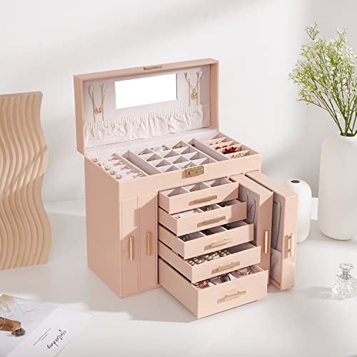 Anwbroad Huge Jewelry Box Jewelry Organizer Case 6 Tier 40 Hooks Display Storage Holder With Lock Mirror Girls Jewelry Box Earrings Rings Necklaces Bracelets Earrings Gift Faux Leather Pink Ujjb018F #TOP7